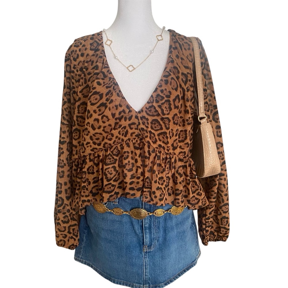 Trendy Leopard Print Ruffle V-Neck Long Sleeve Blouse Y2K Glam Feminine Style L